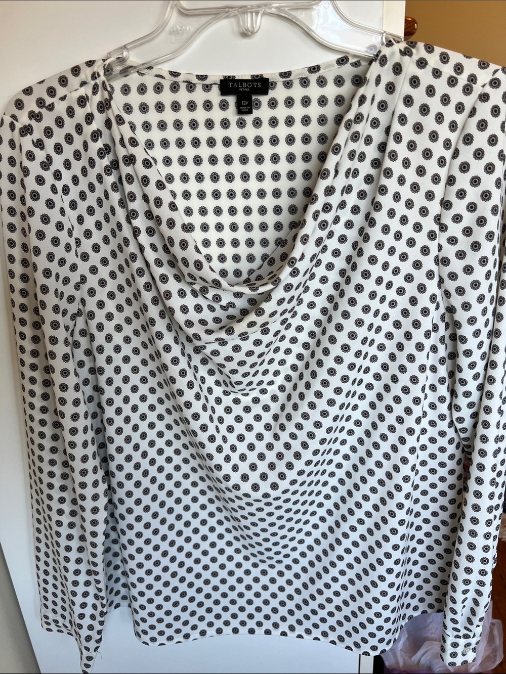 Talbots White Blouse with Black Dot Medallion Print